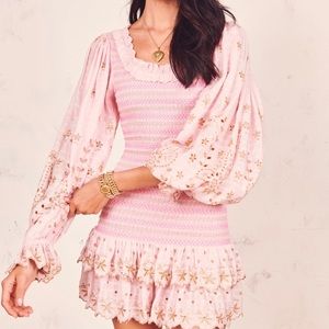 LoveShackFancy LG Pink Celia Embroidered Blouson-Sleeve Mini Dress. Never worn.